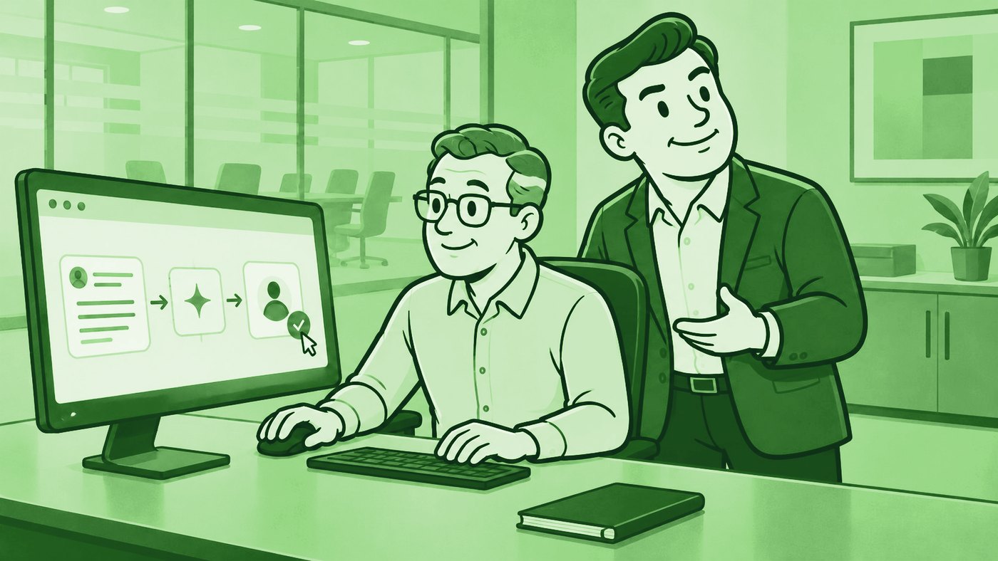 Illustration of two colleagues working through a plan at a desk