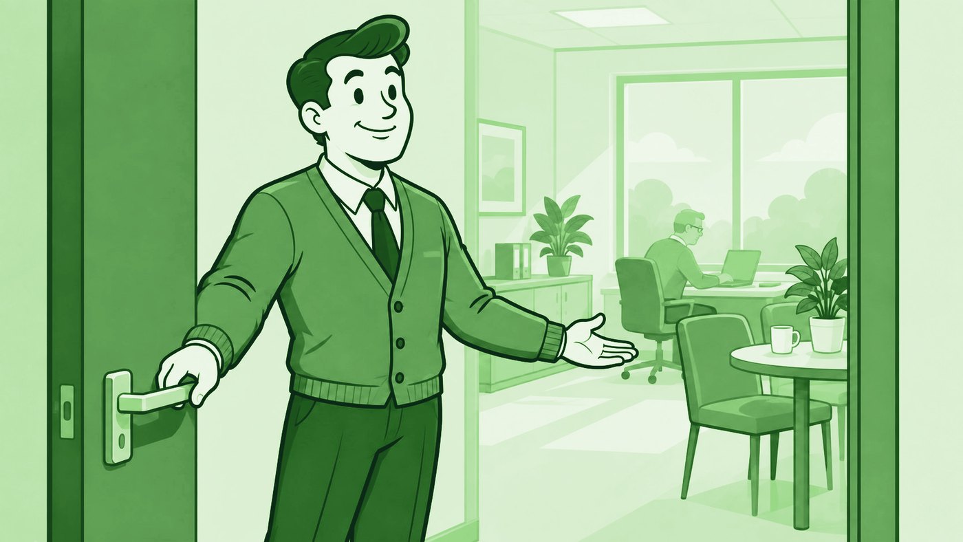 Illustration of a man opening an office door in welcome