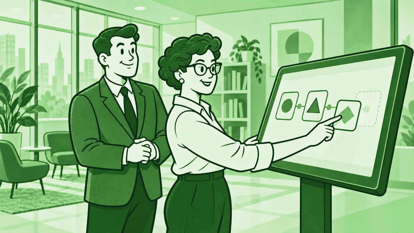 Illustration of two colleagues building a workflow together on a touchscreen
